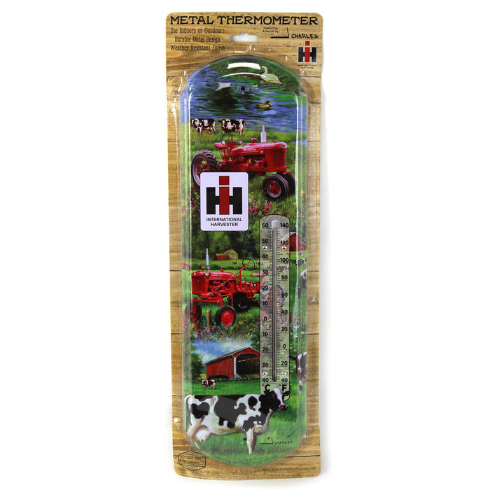 IH Farmall Cub & H Tractors w/ Cows in Farm Scene Metal Thermometer, 5.125in x 17.375in