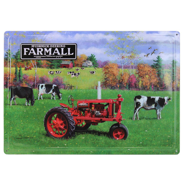 IH McCormick-Deering Farmall Tractor with Cows Embossed Metal Sign, 16.75in x 12in