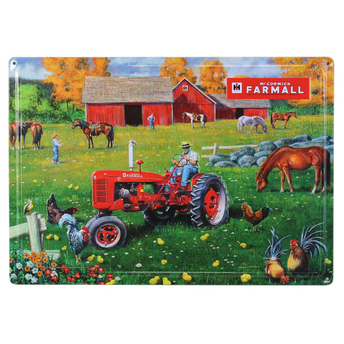 IH McCormick Farmall C Tractor with Farmers & Animals Embossed Metal Sign, 16.75in x 12in