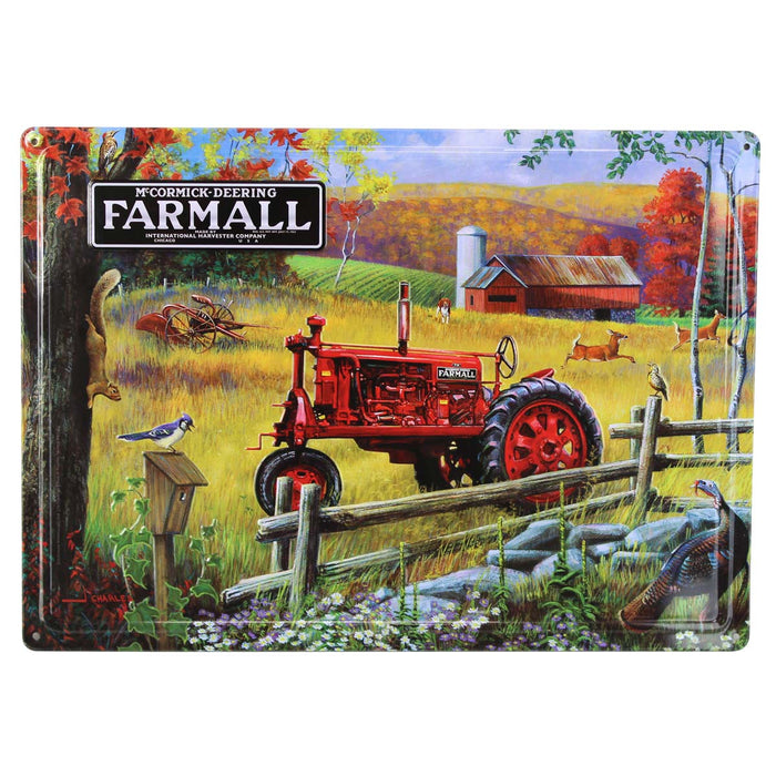 IH McCormick-Deering Farmall F Series Tractor in Fall Farm Scene Embossed Metal Sign, 16.75in x 12in
