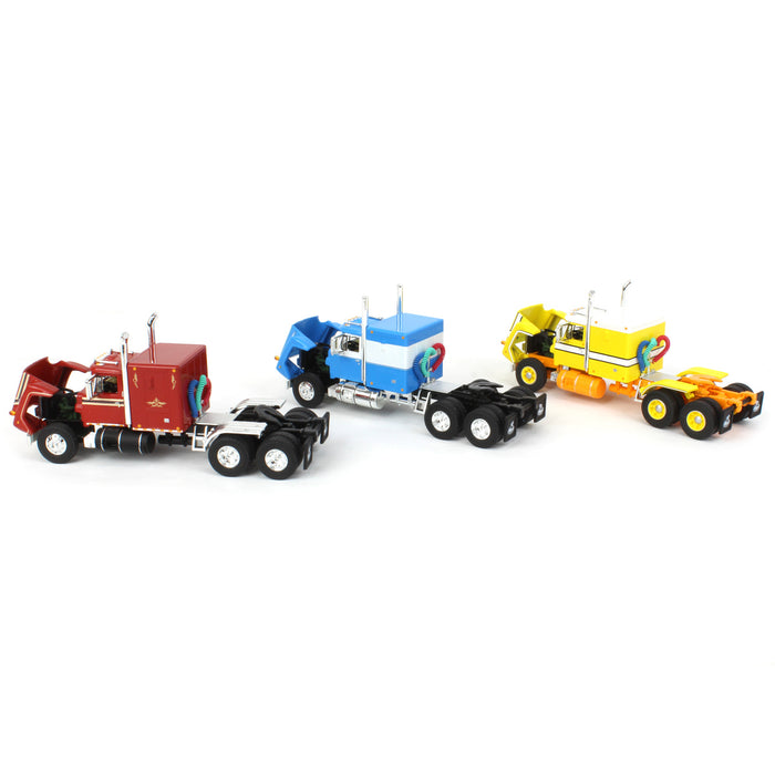 1/64 Red, Blue & Yellow Mack R Model with Sleeper Bunk Trio Set, DCP by First Gear