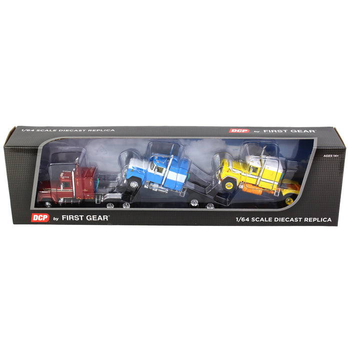 1/64 Red, Blue & Yellow Mack R Model with Sleeper Bunk Trio Set, DCP by First Gear