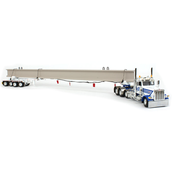 1/64 White/Blue Peterbilt 389 w/ ERMC Hydra-Steer Trailer & Bridge Beam Load, DCP by First Gear