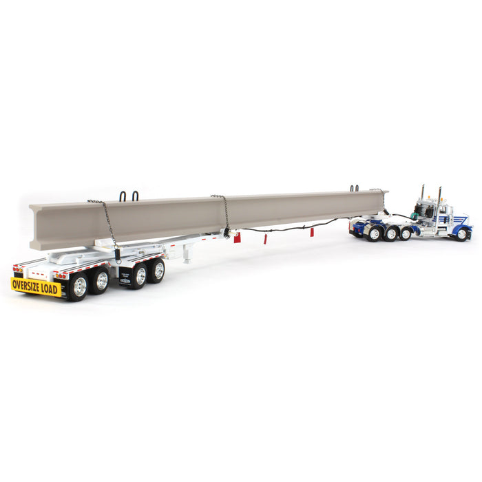 1/64 White/Blue Peterbilt 389 w/ ERMC Hydra-Steer Trailer & Bridge Beam Load, DCP by First Gear