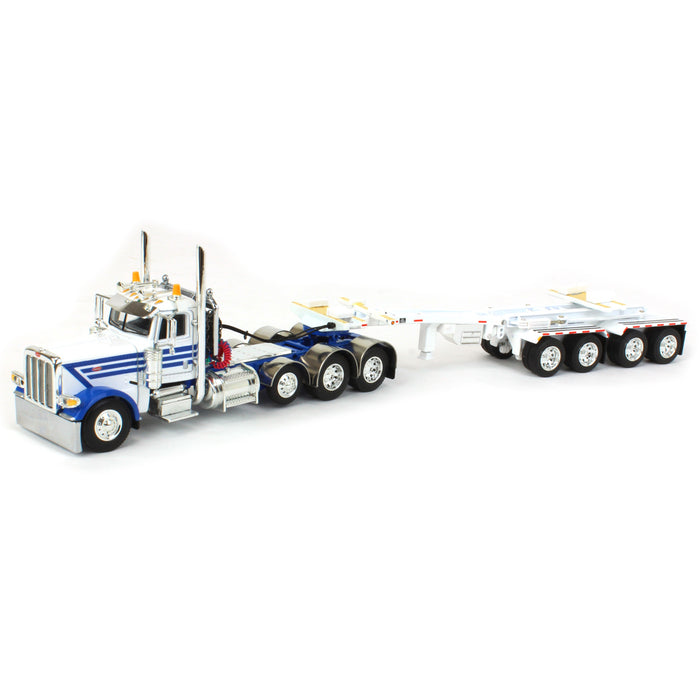 1/64 White/Blue Peterbilt 389 w/ ERMC Hydra-Steer Trailer & Bridge Beam Load, DCP by First Gear