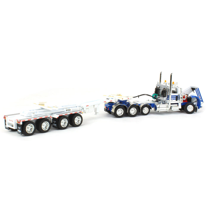 1/64 White/Blue Peterbilt 389 w/ ERMC Hydra-Steer Trailer & Bridge Beam Load, DCP by First Gear