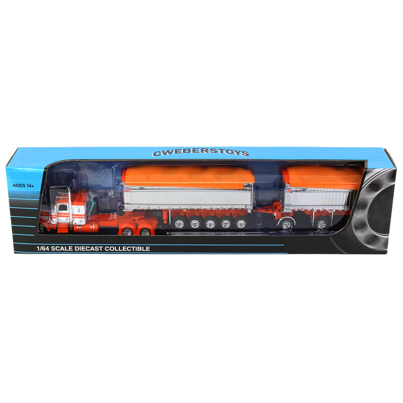 1/64 White/Orange/Chrome Peterbilt 389 w/ Chrome East Genesis II End Dump Trailers, DCP by First Gear