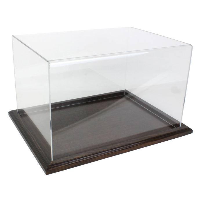 Clear Acrylic Display Case with Dark Stained Wooden Base, 16in x 12in x 10in