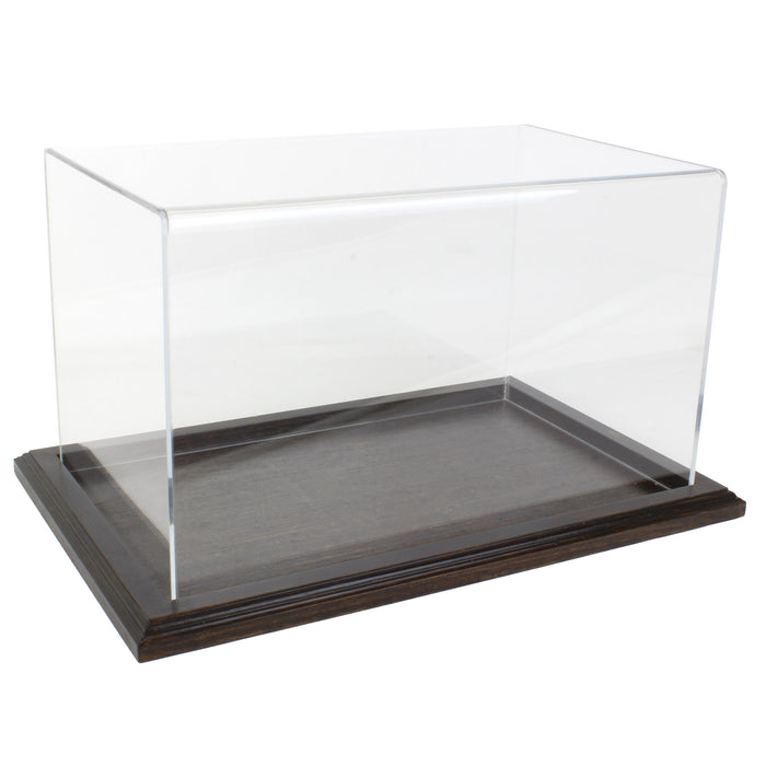 Clear Acrylic Display Case with Dark Stained Wooden Base, 14in x 8.5in x 8in