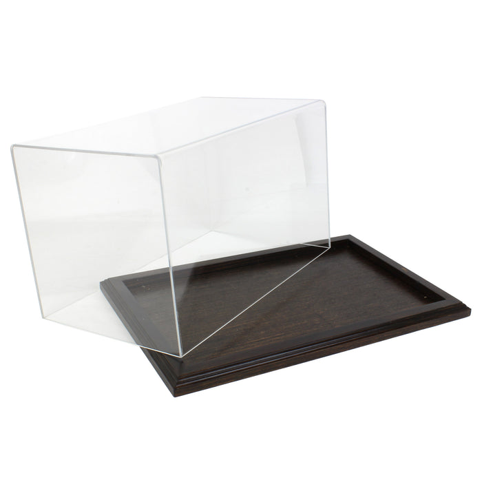 Clear Acrylic Display Case with Dark Stained Wooden Base, 14in x 8.5in x 8in