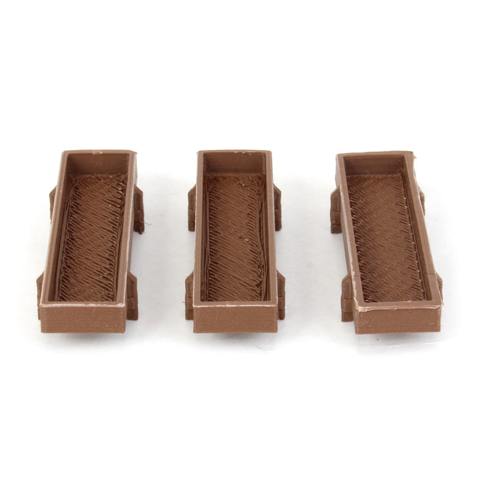 1/64 Pack of 3 Dark Wood Feed Bunks, 3D Printed