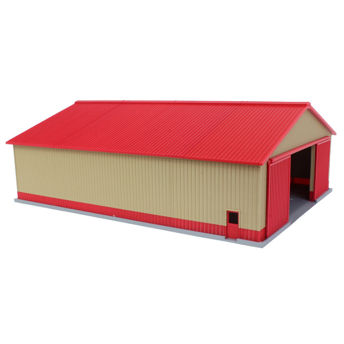 1/64 "The Professional" Tan/Red 60ft x 80ft Machine & Farm Shed w/ Sliding Doors, 3D Printed