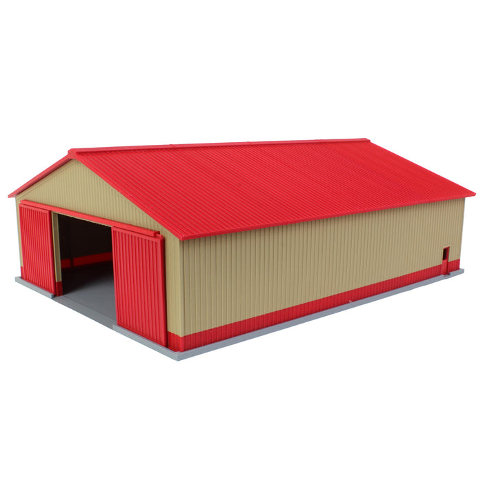 1/64 "The Professional" Tan/Red 60ft x 80ft Machine & Farm Shed w/ Sliding Doors, 3D Printed