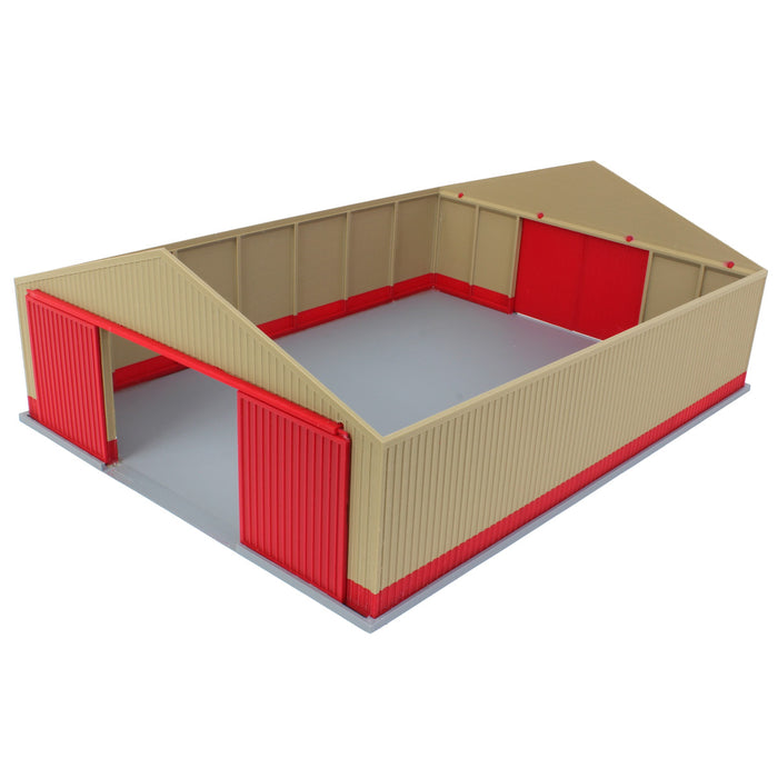 1/64 "The Professional" Tan/Red 60ft x 80ft Machine & Farm Shed w/ Sliding Doors, 3D Printed