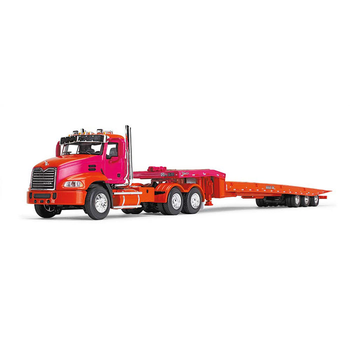 1/64 Orange & Fuchsia Mack Pinnacle w/ Talbert 5553TA Traveling-Axle Trailer, DCP by First Gear