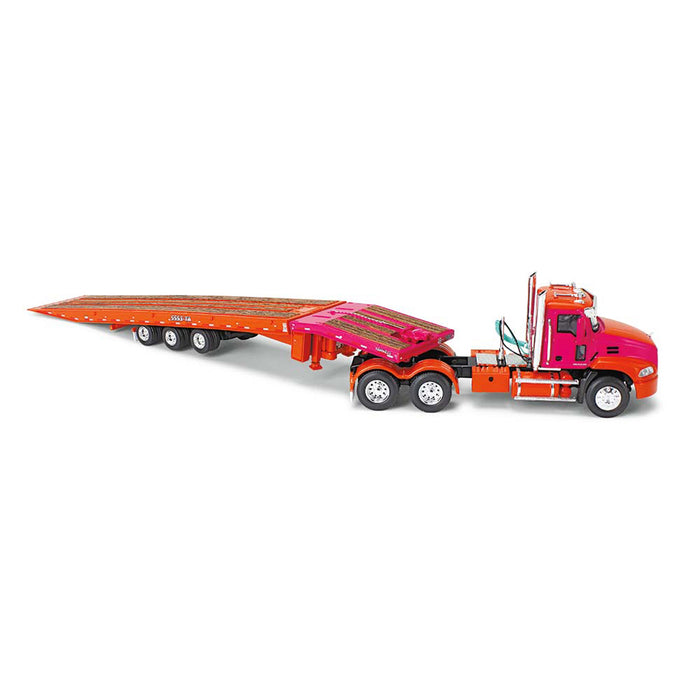 1/64 Orange & Fuchsia Mack Pinnacle w/ Talbert 5553TA Traveling-Axle Trailer, DCP by First Gear