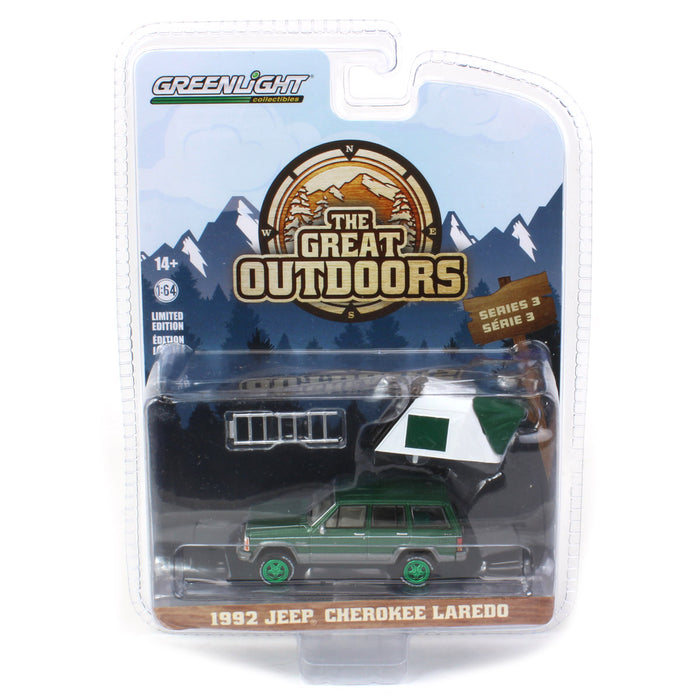 Green Machine ~ 1/64 1992 Jeep Cherokee Laredo with Rooftop Tent, The Great Outdoors Series 3
