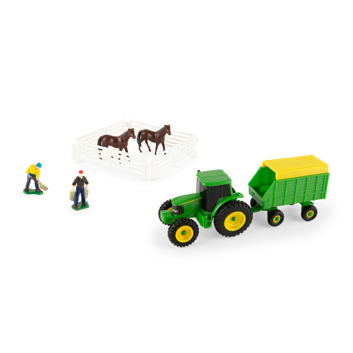 Approx. 1/64 JD Farm Set w/Tractor, Wagon, Horses, Farmers, and Fence