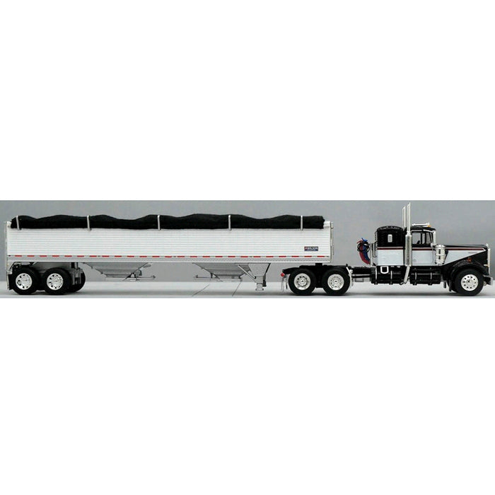 1/64 Black & White Kenworth W900A w/ 36in Sleeper & White 42ft Grain Trailer, DCP by First Gear