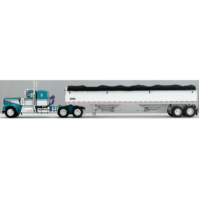 1/64 Turquoise & White Kenworth W900A w/ 36in Sleeper & White 42ft Grain Trailer, DCP by First Gear