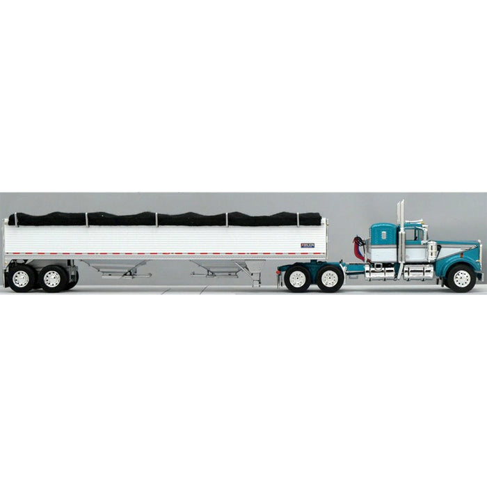 1/64 Turquoise & White Kenworth W900A w/ 36in Sleeper & White 42ft Grain Trailer, DCP by First Gear