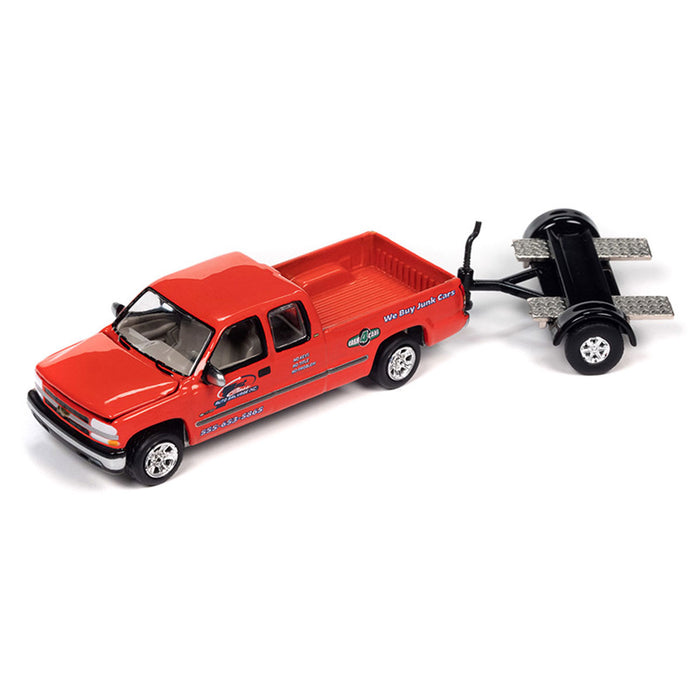 1/64 2002 Chevrolet Silverado Extended Cab Pickup with Tow Dolly, Molly Orange, Hot Rod Customs