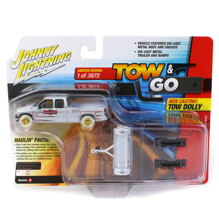 White Lightning ~ 1/64 2002 Chevrolet Silverado Extended Cab Pickup with Tow Dolly, Hot Rod Customs