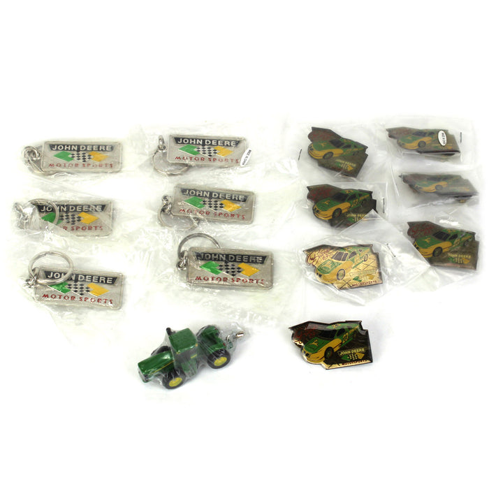 Lot of (7) John Deere Pins, (6) John Deere Motor Sport Key Chains and (1) John Deere 9520 Tractor