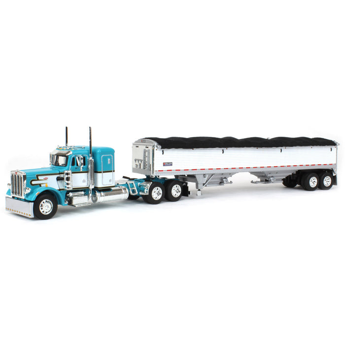 1/64 Teal & White Peterbilt 359 36in Flattop Sleeper w/ Wilson Commander Grain Trailer, DCP by First Gear