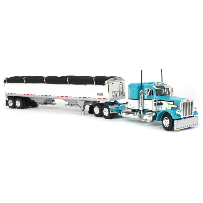 1/64 Teal & White Peterbilt 359 36in Flattop Sleeper w/ Wilson Commander Grain Trailer, DCP by First Gear