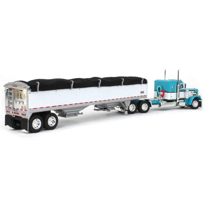 1/64 Teal & White Peterbilt 359 36in Flattop Sleeper w/ Wilson Commander Grain Trailer, DCP by First Gear