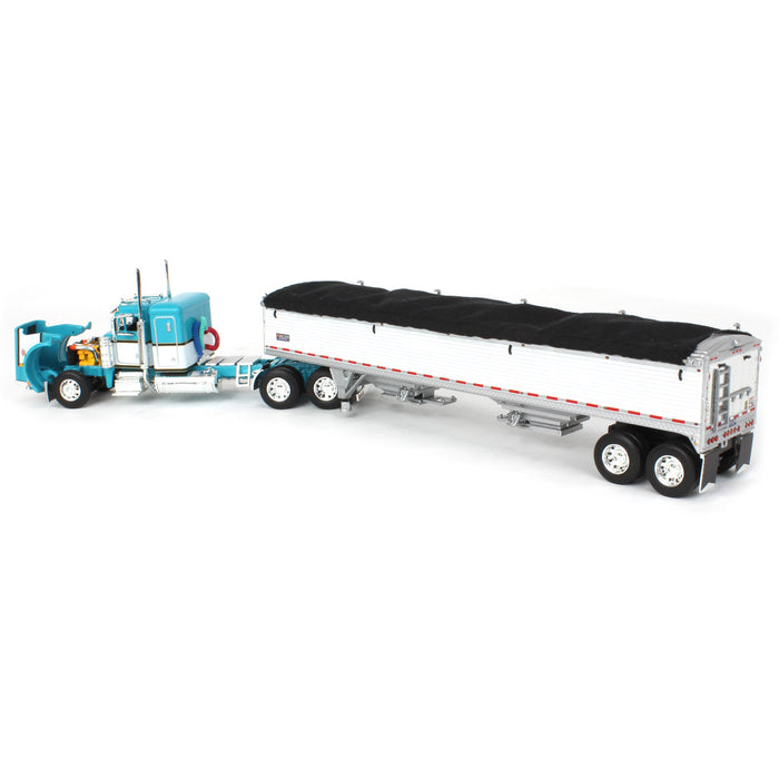 1/64 Teal & White Peterbilt 359 36in Flattop Sleeper w/ Wilson Commander Grain Trailer, DCP by First Gear