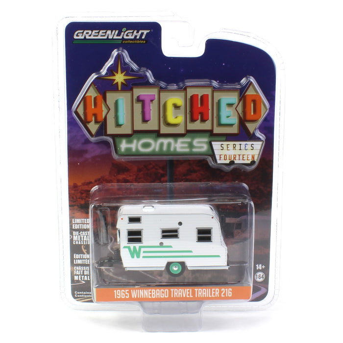 1/64 1965 Winnebago 216 Travel Trailer, White with Green Stripe, Hitched Homes Series 14