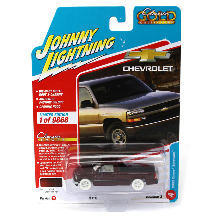 White Lightning ~ 1/64 Johnny Lightning Classic Gold  - 2002 Chevrolet Silverado, Dark Red Metallic
