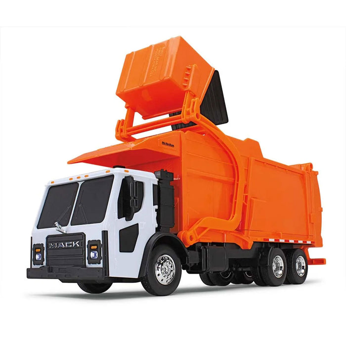 1/25 White/Orange Mack LR Garbage Truck w/ McNeilus Meridian Loader & Dumpster (Includes Lights & Sounds!)