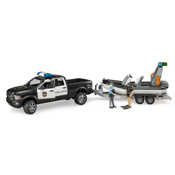 (B&D) 1/16 RAM 2500 Police Pickup Truck with Trailer & Boat by Bruder - Damaged Item