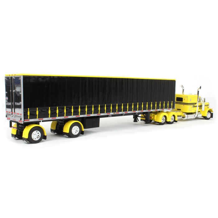 1/64 Yellow & Black Peterbilt 379 63in Flattop Sleeper w/ 53ft Utility Tautliner Trailer, DCP by First Gear