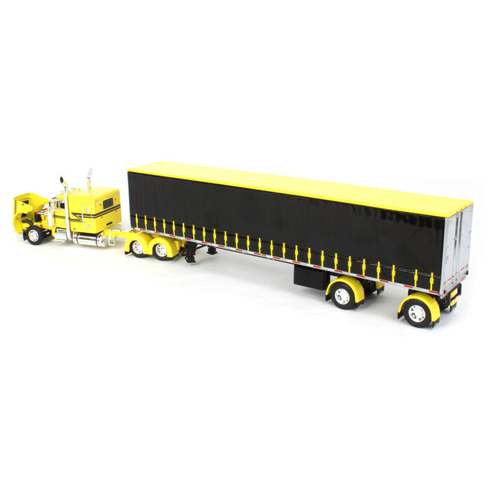 1/64 Yellow & Black Peterbilt 379 63in Flattop Sleeper w/ 53ft Utility Tautliner Trailer, DCP by First Gear