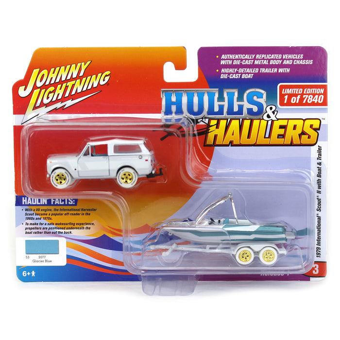 White Chase ~ 1/64 1979 International Scout II with Boat & Trailer, Johnny Lightning Hulls & Haulers