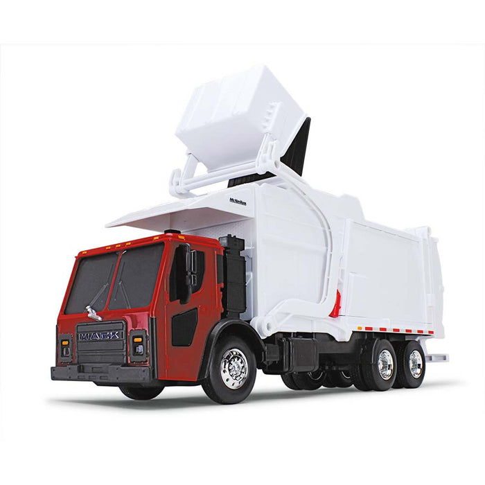 1/25 Red/White Mack LR Garbage Truck w/ McNeilus Meridian Loader & Dumpster (Includes Lights & Sounds!)