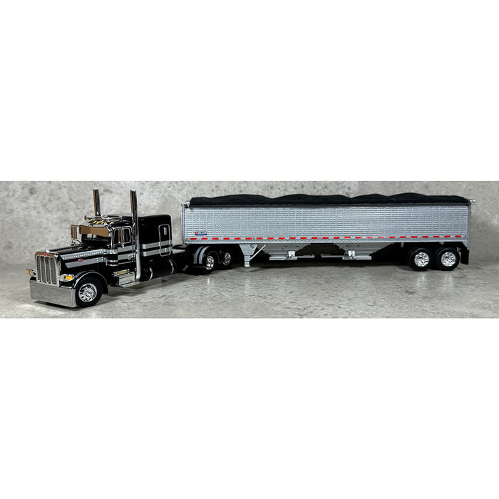 1/64 Black & Silver Peterbilt 389 63in Flattop w/ Silver Wilson Grain Trailer, DCP by First Gear