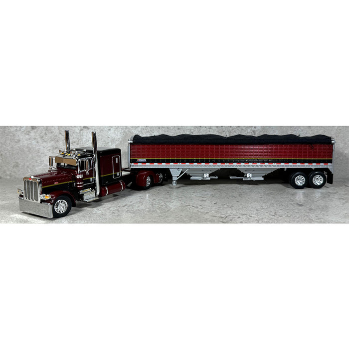 1/64 Dark Red & Black Peterbilt 389 63in Flattop w/ Wilson Grain Trailer, DCP by First Gear