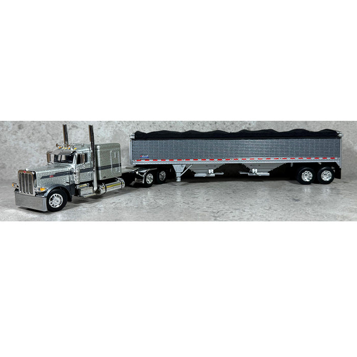 1/64 Silver Peterbilt 389 63in Flattop w/ Gunmetal Gray Wilson Grain Trailer, DCP by First Gear