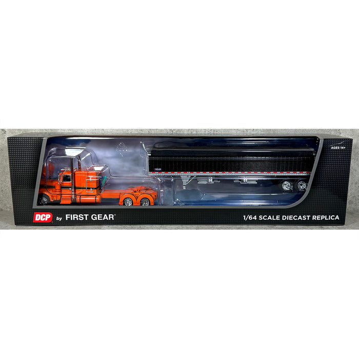 1/64 Orange & Black Peterbilt 389 63in Flattop w/ Black Wilson Grain Trailer, DCP by First Gear