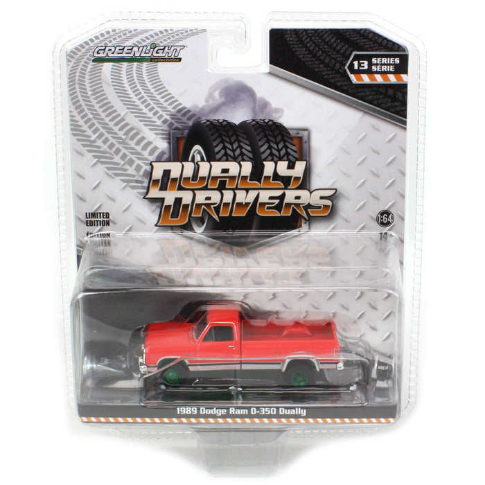 Green Machine ~ 1/64 1989 Dodge Ram D-350 Dually, Red & Silver, Dually Drivers Series 13