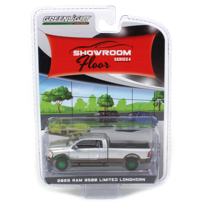 Green Machine ~ 1/64 2023 Ram 3500, Billet Silver & Walnut Brown, Showroom Floor Series 4