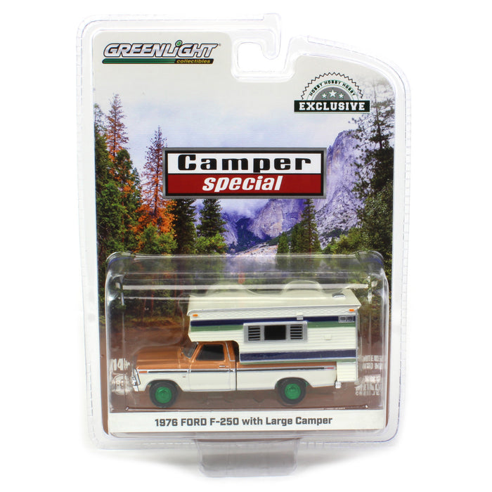 1/64 1976 Ford F-250 with Large Camper, Nectarine Poly and White - Green Machine