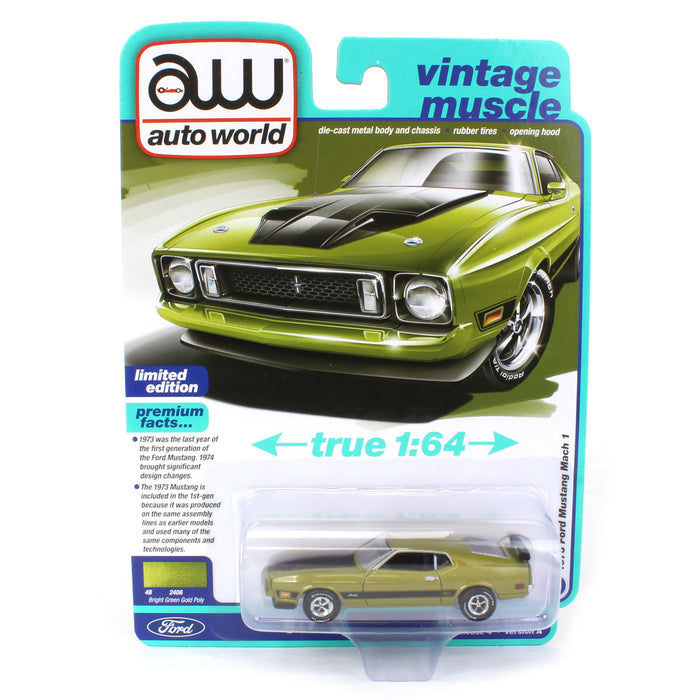 1/64 1973 Ford Mustang Mach 1, Bright Green Gold Poly, Auto World 2023 Release 4A