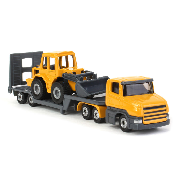 Yellow Semi Truck with Low Loader Trailer and Yellow Loader by SIKU