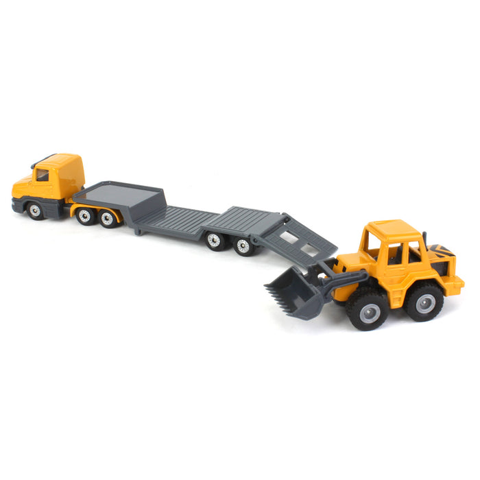 Yellow Semi Truck with Low Loader Trailer and Yellow Loader by SIKU